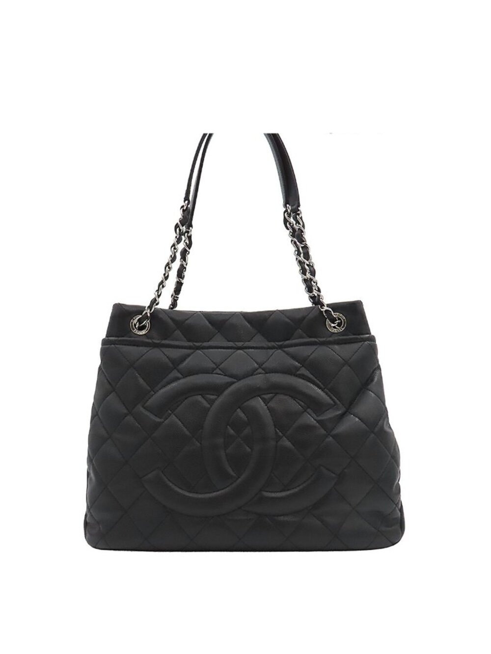 Chanel Chain Tote Bag CC Logo Quilted Black Silver Caviar Leather